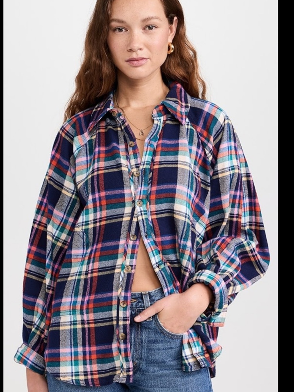 Free People Multicolor Plaid Oversized Button-Up Shirt